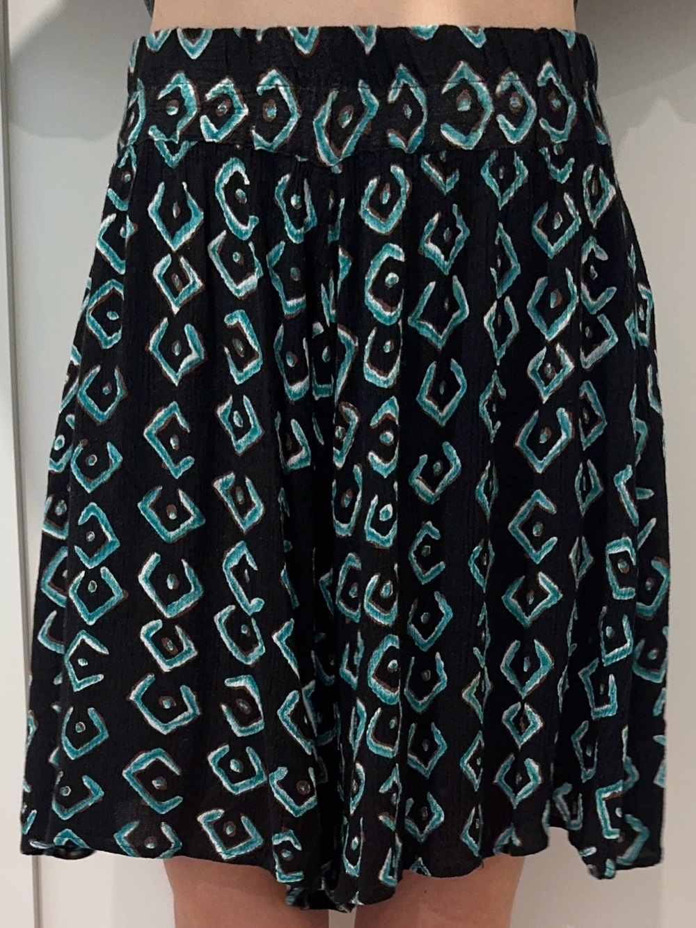 Vintage 90s Rayon Crinkle Skort Black Teal Geometric Tribal Print Boho Festival